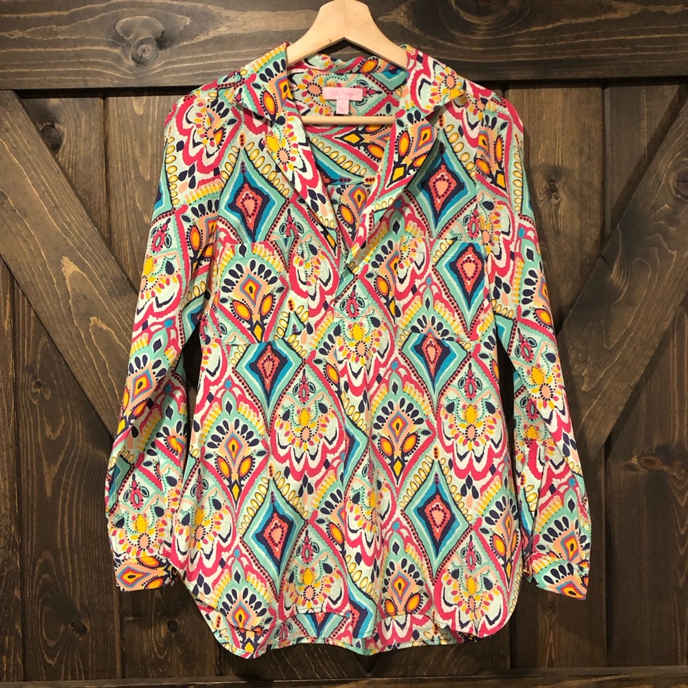 Lily Pulitzer silk long sleeve top with front pockets and collar